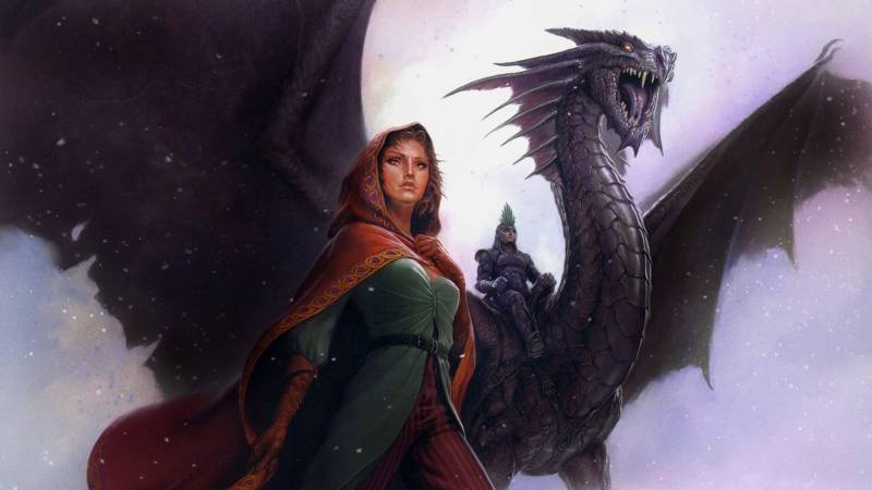 Обои Девушка маг и рыцарь на черном драконе