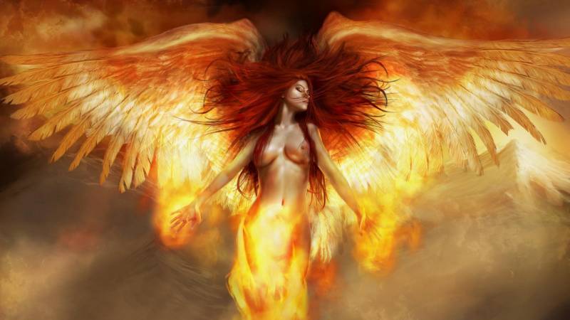 Обои Рыжая девушка с крыльями в огне